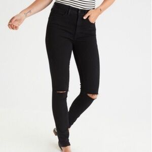 Black High Rise Skinny Crop Stretch Jeans with Rips in the Knees! Eunina